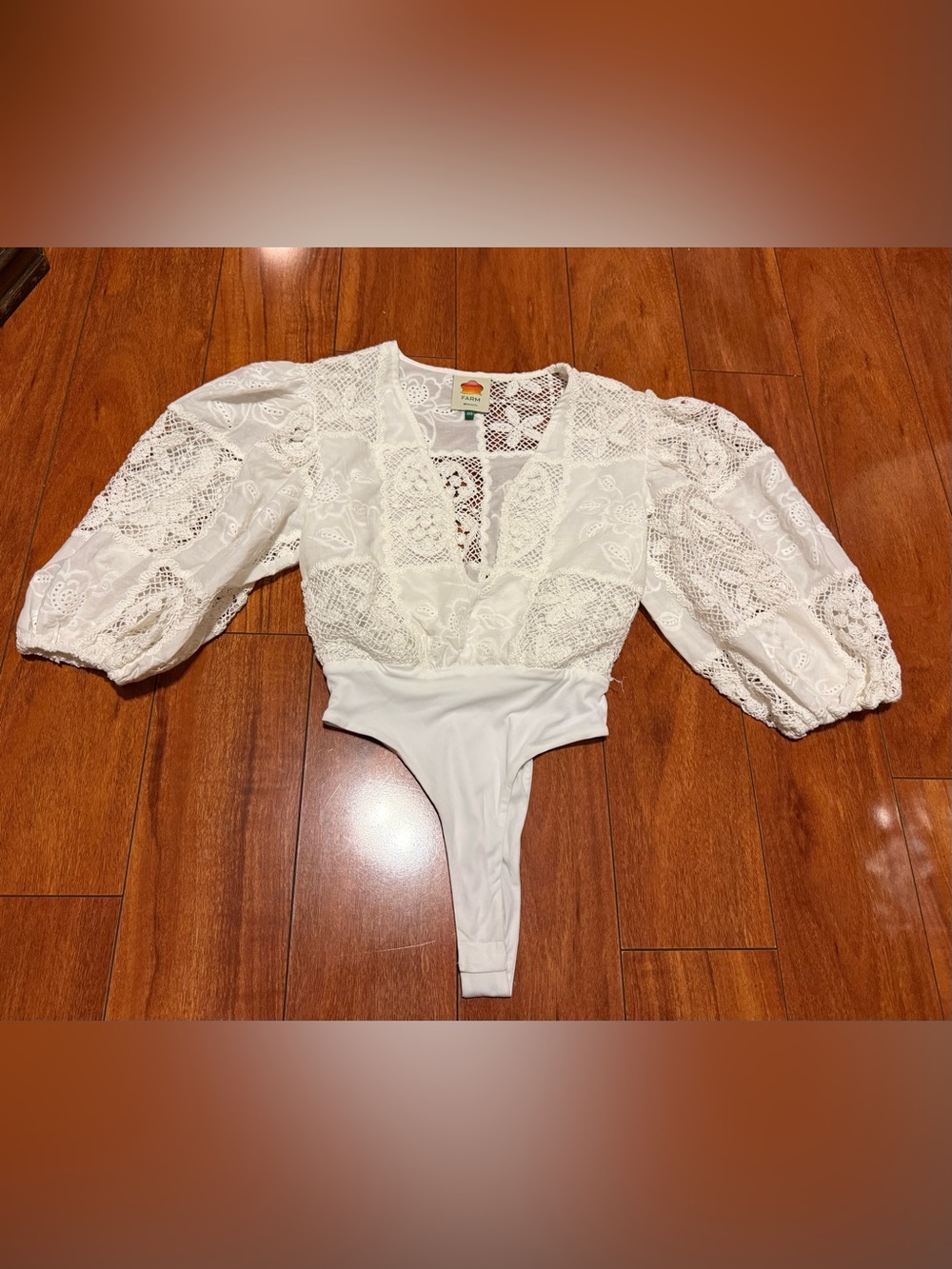 FARM Rio White Lace Puff-Sleeve One-Piece Bodysuit